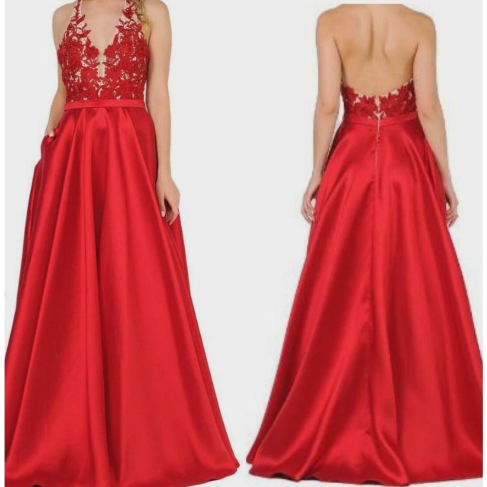 Say Yes To The Prom Embroidered Lace A-Line Dress Size 1 Pockets Backless Red